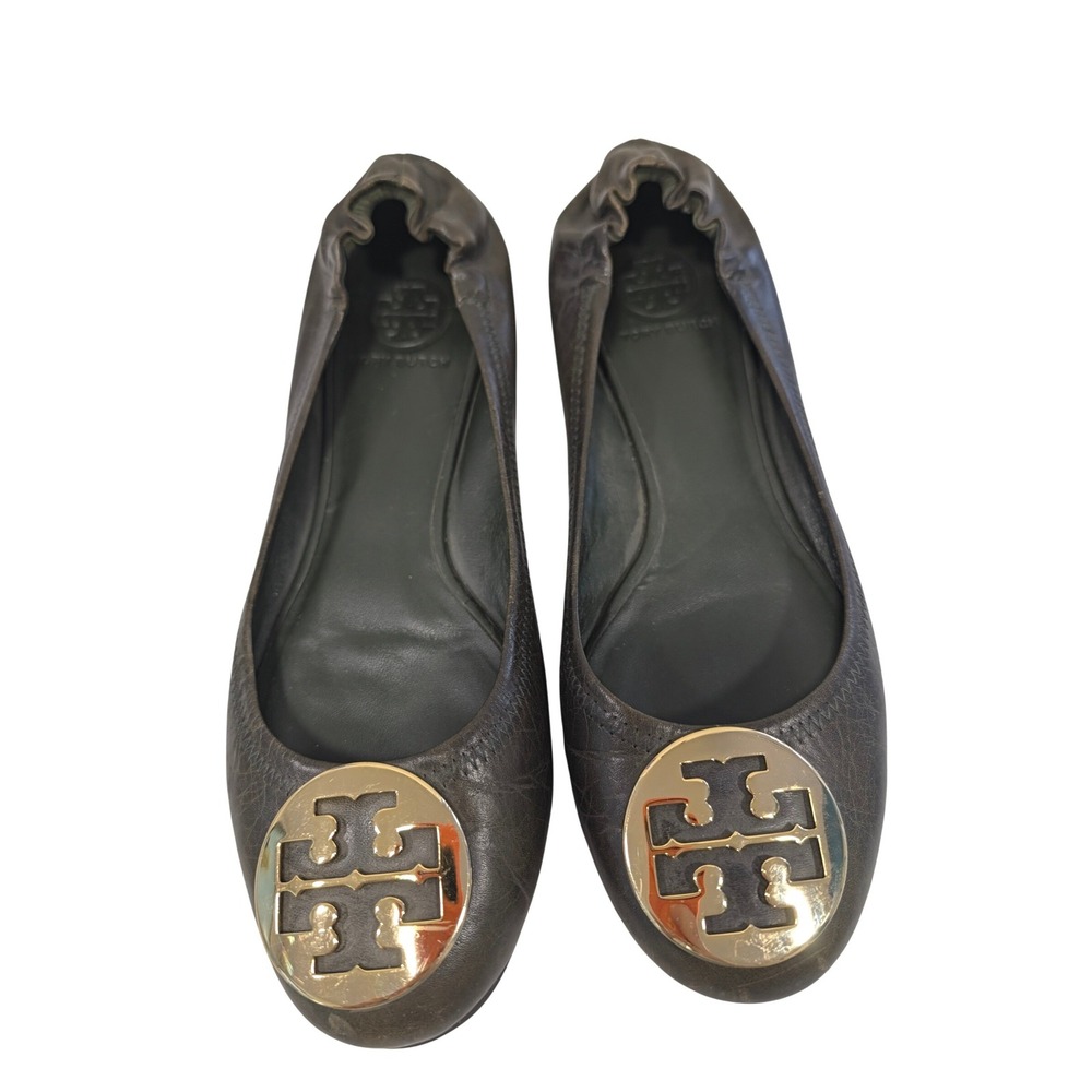 Tory Burch Reva Ballet Flats Olive Green Leather Gold Logo Medallion Size 9M
